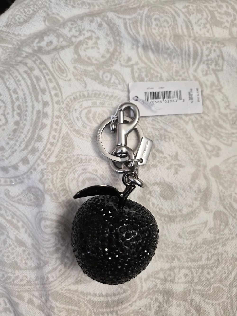 XL Coach Black Crystal Apple Bag Charm Keychain